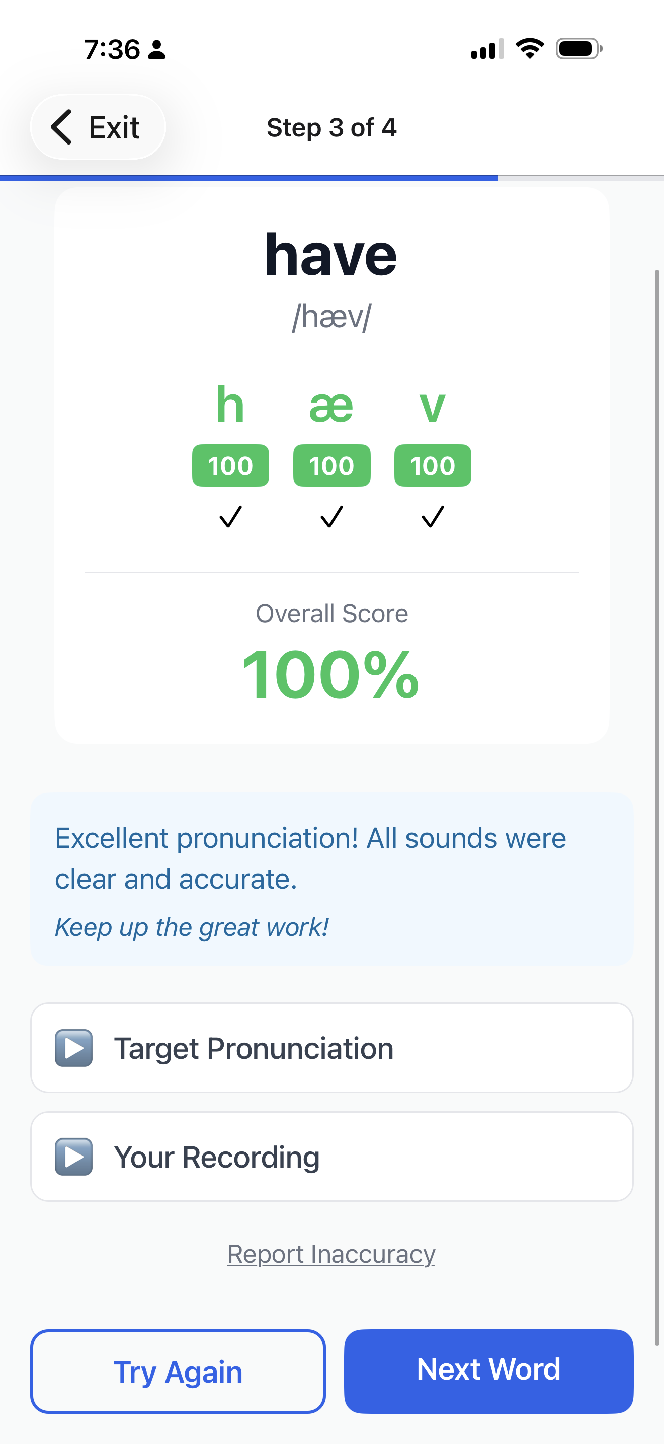AccentCoach pronunciation scoring showing 100% accuracy